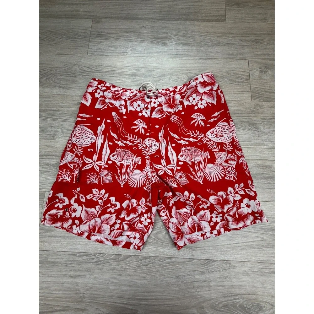 Polo Ralph Lauren Mens Swim Trunks Red White Tropical Fish Floral 2XB XXL B/T